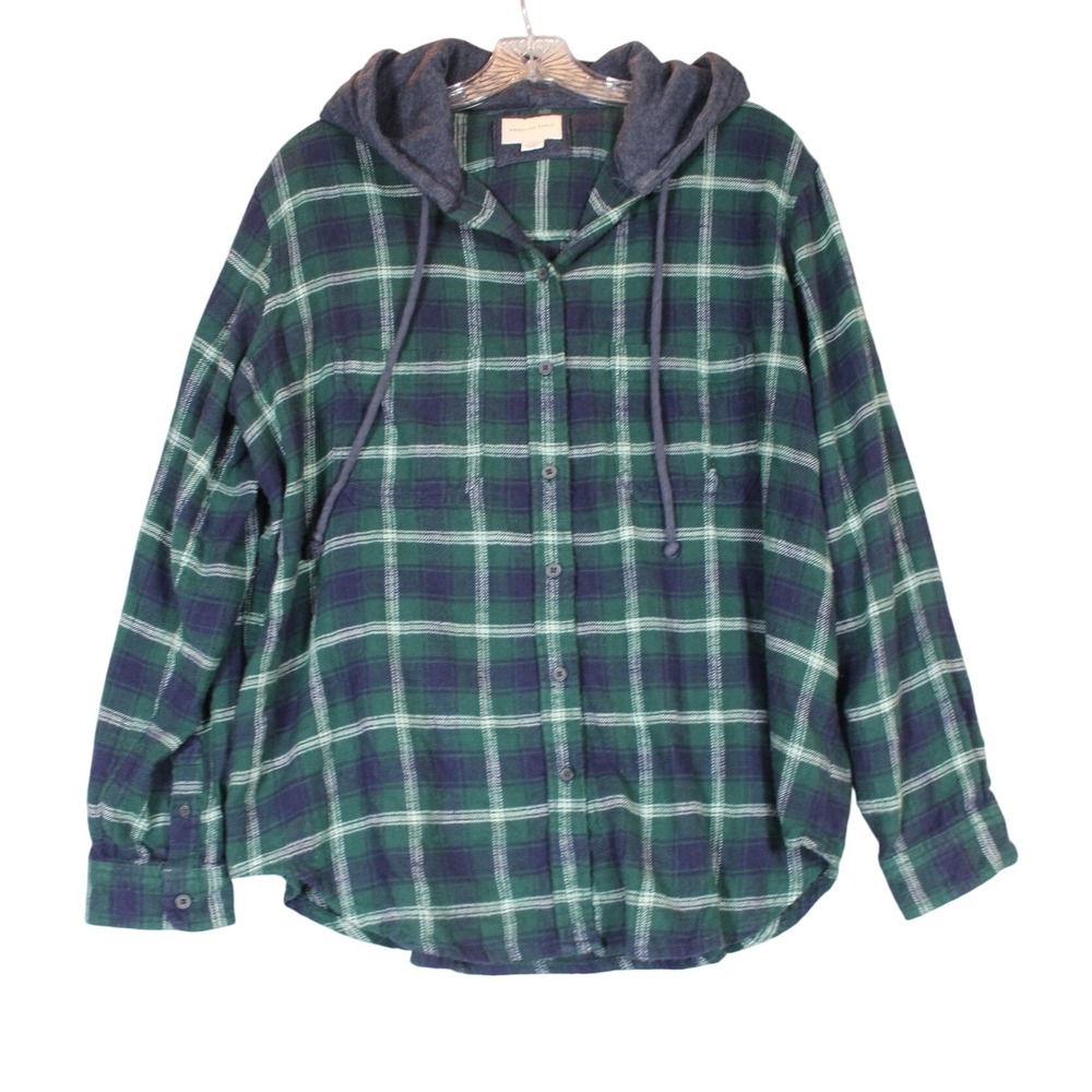 American Eagle Outfitters Mens Distressed Plaid Flannel Hooded Shirt Size M